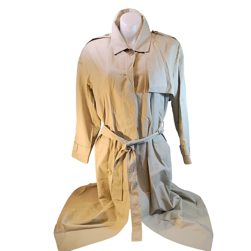 VTG Panache Trench Coat Belted Long Double Breast Storm Flap Khaki Tan Womens 18